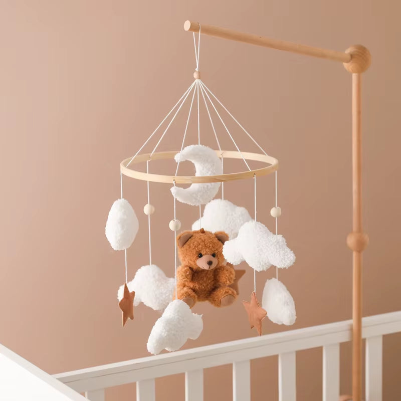 Wooden Crib Mobile with Music Box – Soft Felt Bear Baby Bed Bell Toy for Newborns