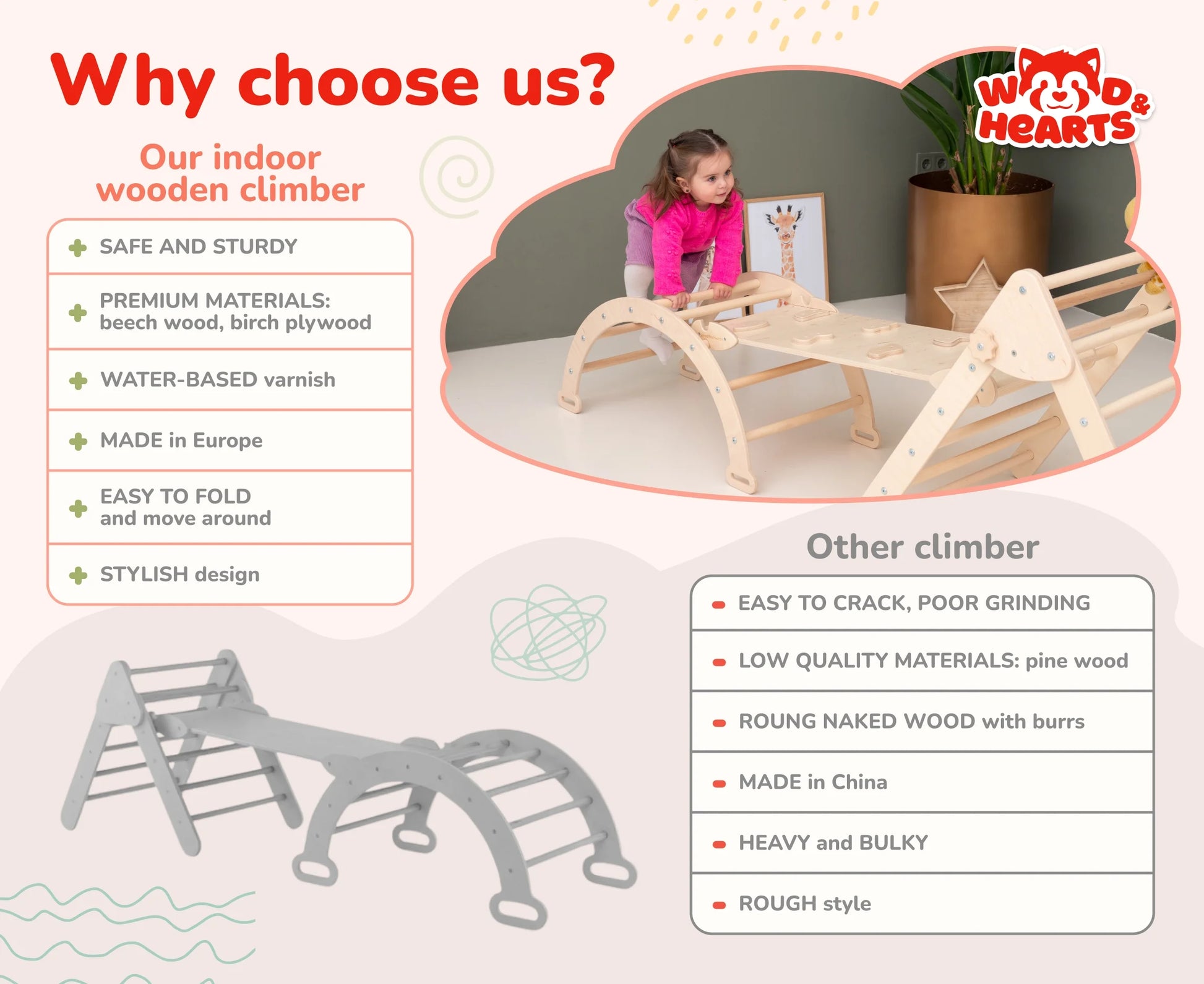 3-in-1 Wooden Climbing Triangle Gym – Montessori Activity Set with Ramp for Toddlers and Babies