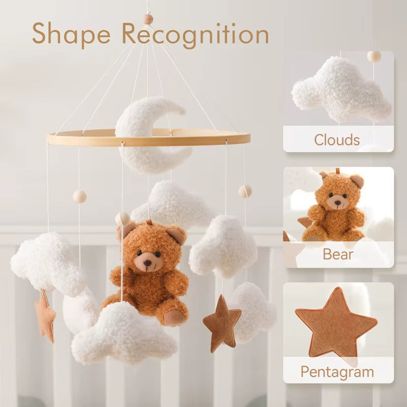 Wooden Crib Mobile with Music Box – Soft Felt Bear Baby Bed Bell Toy for Newborns