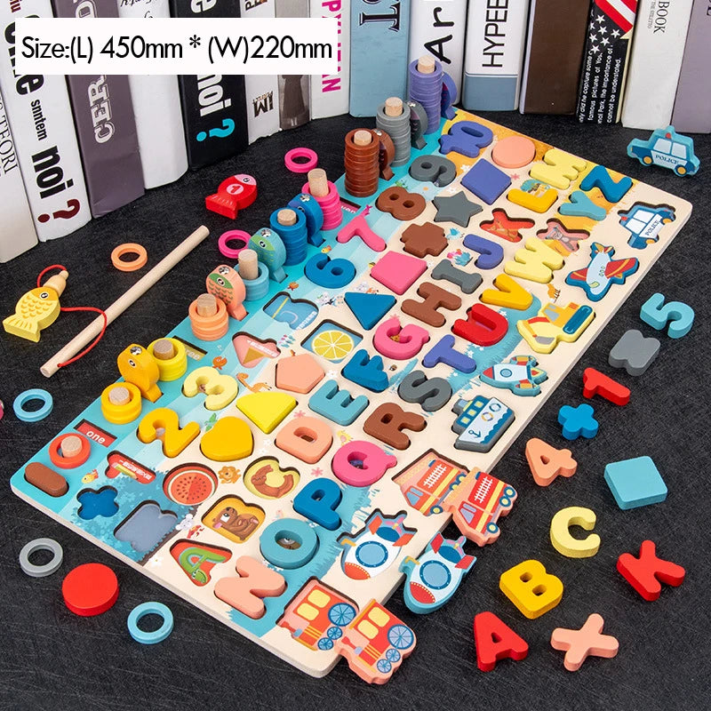 Montessori Math & Fishing Puzzle Toy – Educational Wooden Number, Shape & Counting Game for Toddlers