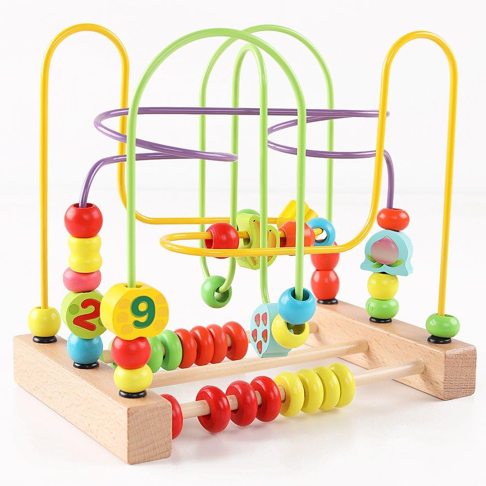 Wooden Toys for Toddlers, Bead Maze Toy for Toddlers with Colorful Animals Fruits Shapes, Educational Counting Learning Circle Toys for Kids, Classic Gifts for Boys Girls Baby