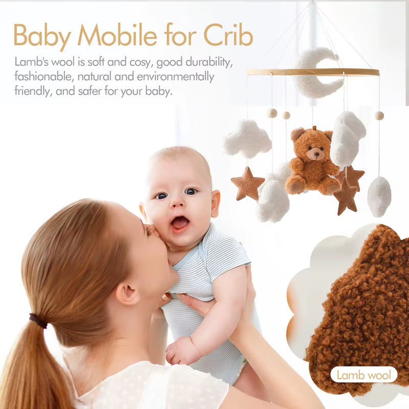 Wooden Crib Mobile with Music Box – Soft Felt Bear Baby Bed Bell Toy for Newborns