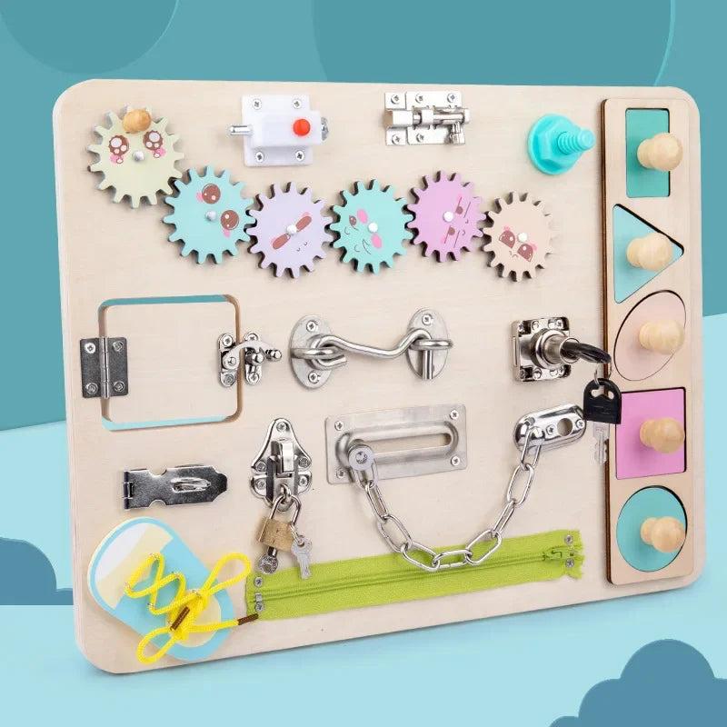 Wooden Montessori Busy Board – Lock & Latch Activity Toy for Toddlers 1–5 Years