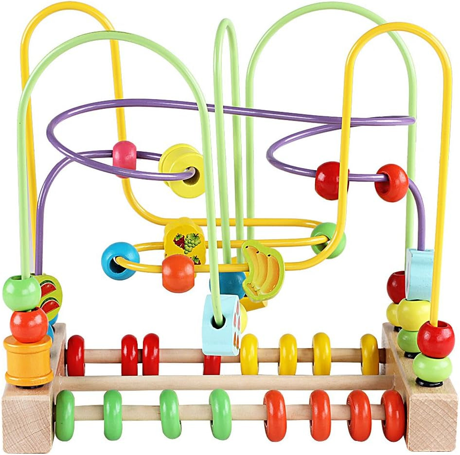 Wooden Toys for Toddlers, Bead Maze Toy for Toddlers with Colorful Animals Fruits Shapes, Educational Counting Learning Circle Toys for Kids, Classic Gifts for Boys Girls Baby