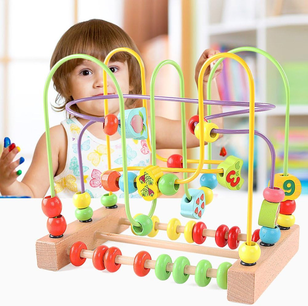 Wooden Toys for Toddlers, Bead Maze Toy for Toddlers with Colorful Animals Fruits Shapes, Educational Counting Learning Circle Toys for Kids, Classic Gifts for Boys Girls Baby