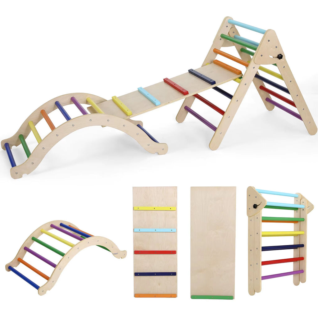 Foldable Wooden Climbing Triangle Ladder Set – 3-in-1 Indoor/Outdoor Montessori Play Gym with Slide & Ramp for Kids