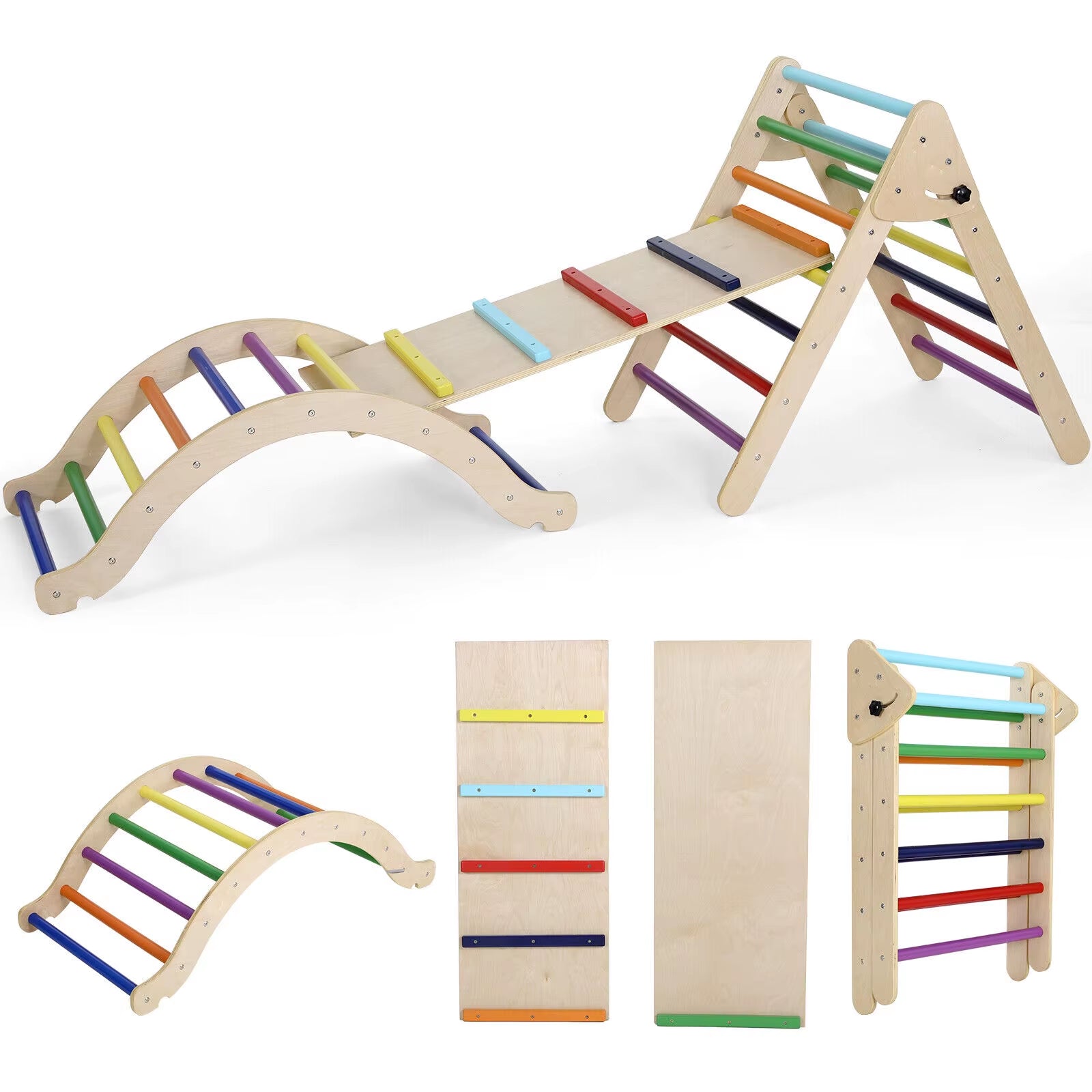 Foldable Wooden Climbing Triangle Ladder Set – 3-in-1 Indoor/Outdoor Montessori Play Gym with Slide & Ramp for Kids