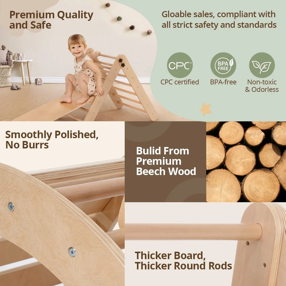 8-in-1 Montessori Pikler Triangle Climbing Set – Indoor Wooden Jungle Gym with Ramp, Arch, Tent & Cushion for Toddlers Ages 6 Months to 6 Years