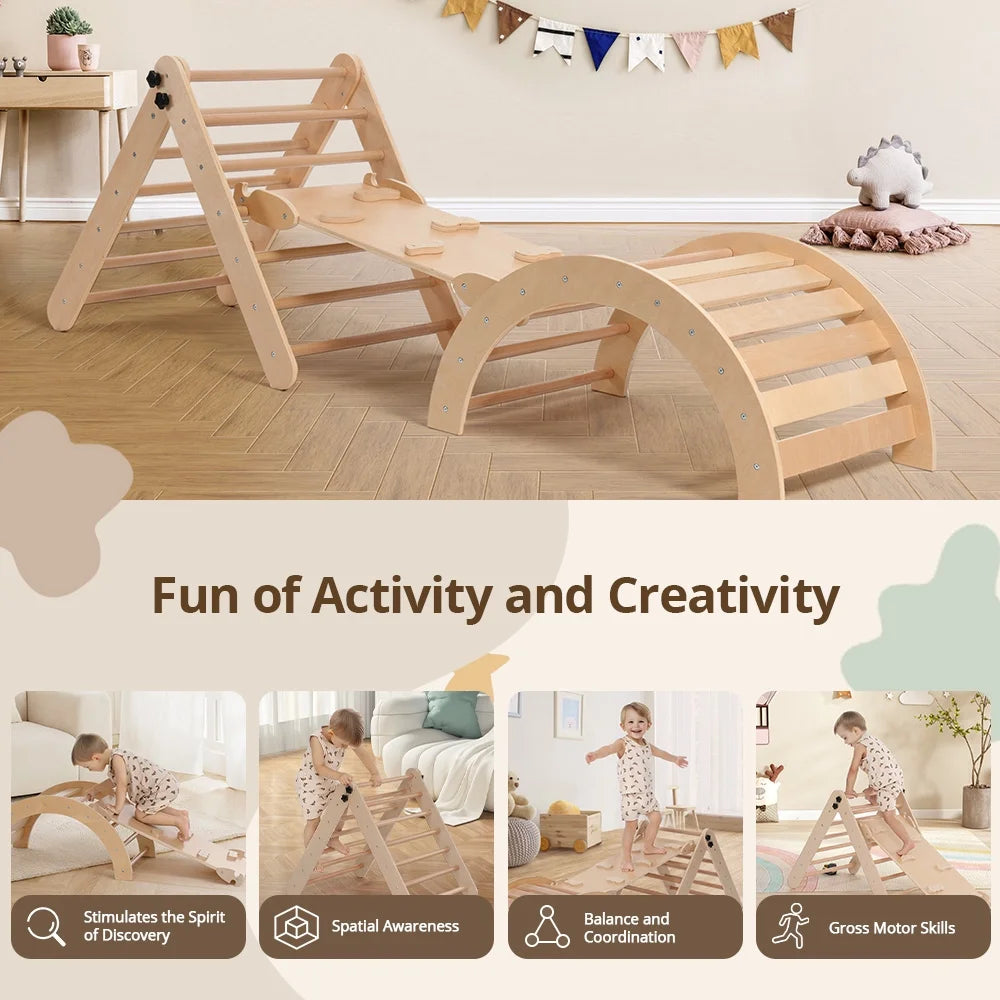 8-in-1 Montessori Pikler Triangle Climbing Set – Indoor Wooden Jungle Gym with Ramp, Arch, Tent & Cushion for Toddlers Ages 6 Months to 6 Years