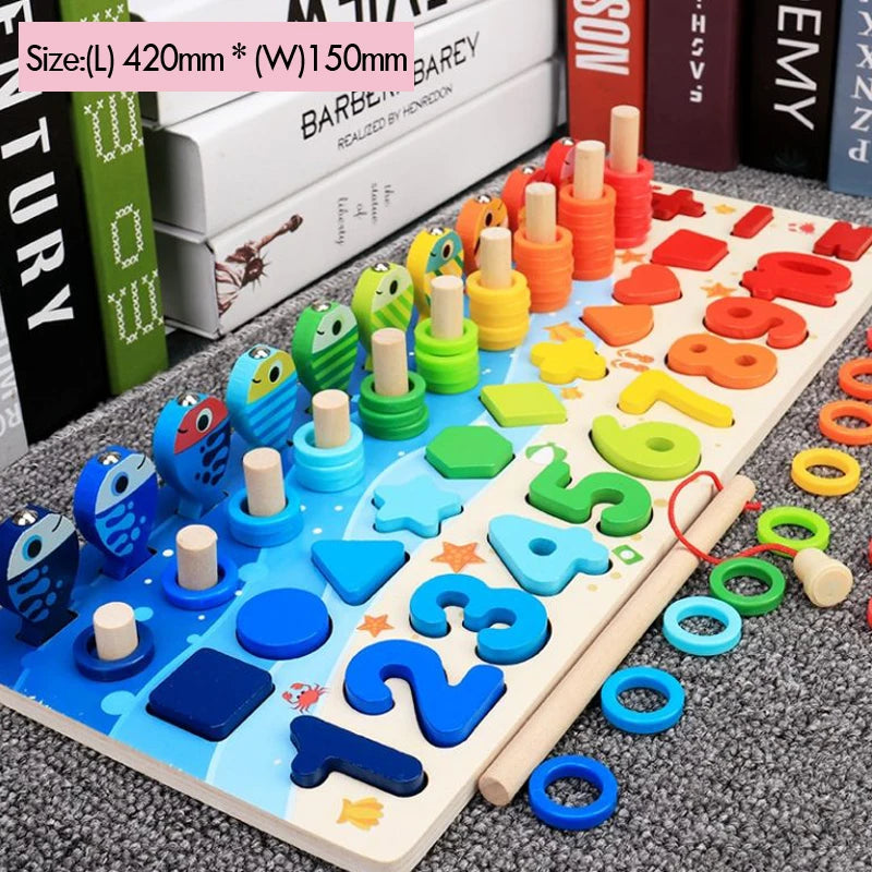 Montessori Math & Fishing Puzzle Toy – Educational Wooden Number, Shape & Counting Game for Toddlers