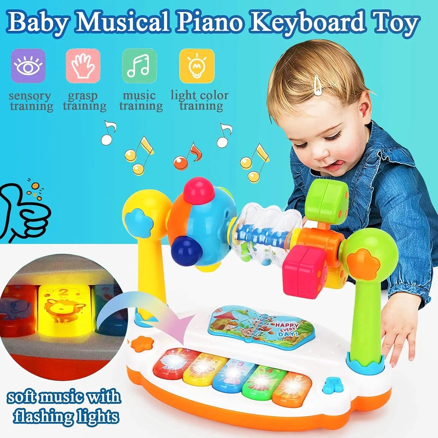 Baby Musical Piano Toy with Lights & Rotating Keys – Early Educational Keyboard for Toddlers