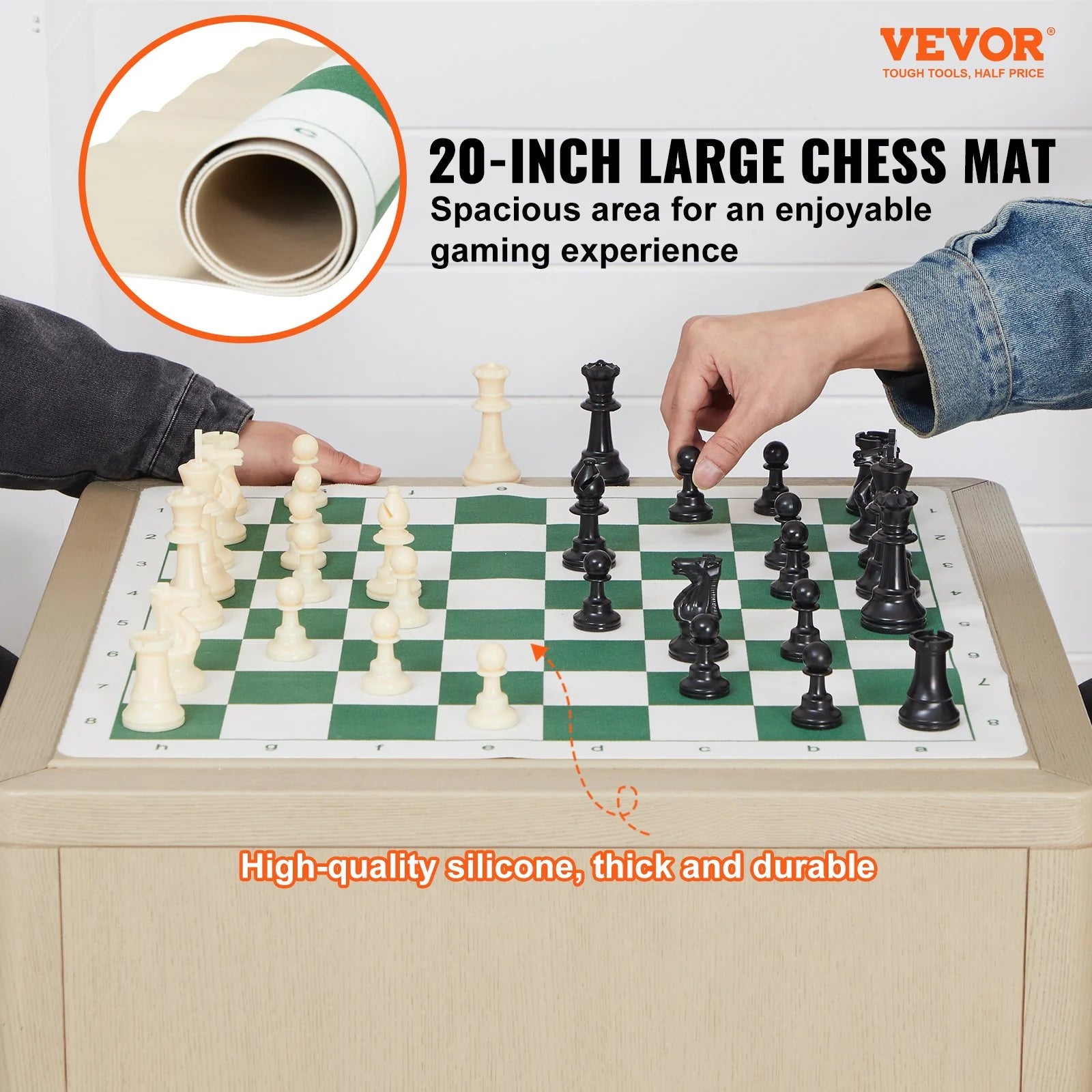 VEVOR 20-Inch Tournament Chess Set – Roll-Up Silicone Board with Weighted Pieces & Travel Bag, Portable Chess Game for Kids and Adults