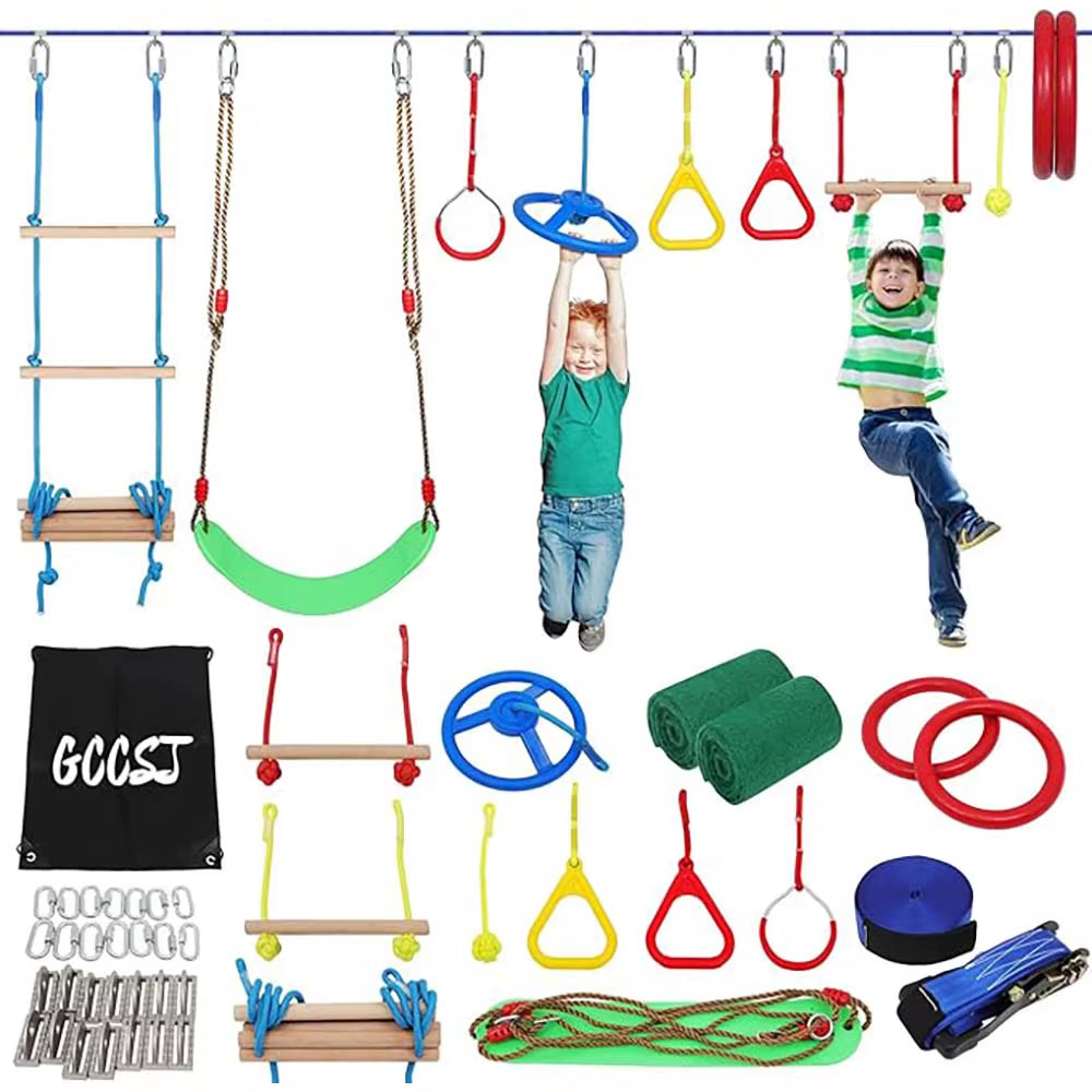 55FT Warrior Obstacle Course for Kids – Outdoor Slackline Training Set with 13 Adjustable Obstacles
