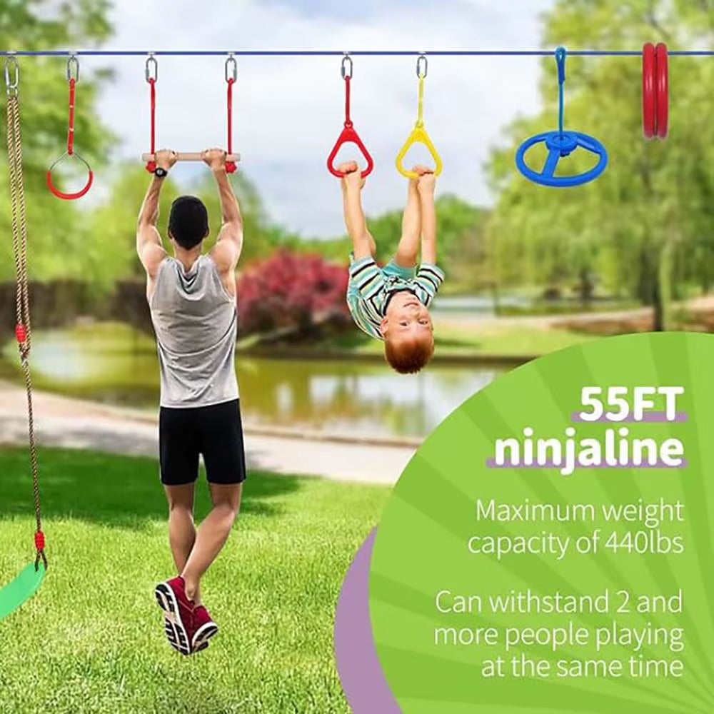 55FT Warrior Obstacle Course for Kids – Outdoor Slackline Training Set with 13 Adjustable Obstacles