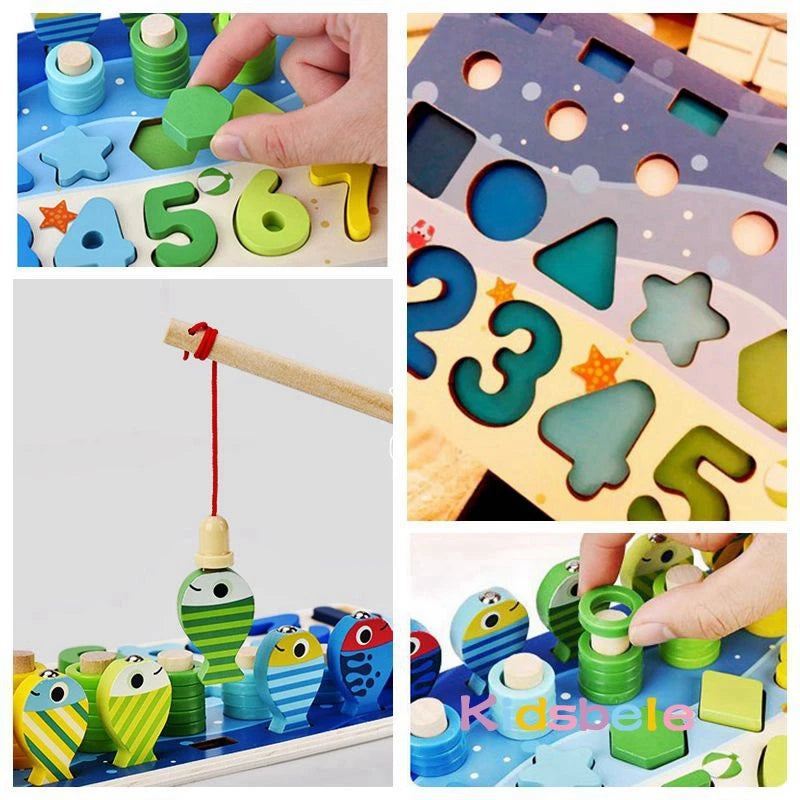 Montessori Math & Fishing Puzzle Toy – Educational Wooden Number, Shape & Counting Game for Toddlers