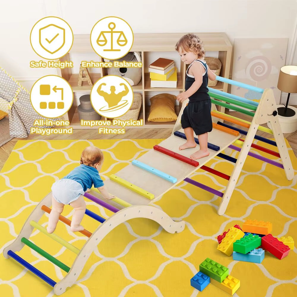 Foldable Wooden Climbing Triangle Ladder Set – 3-in-1 Indoor/Outdoor Montessori Play Gym with Slide & Ramp for Kids