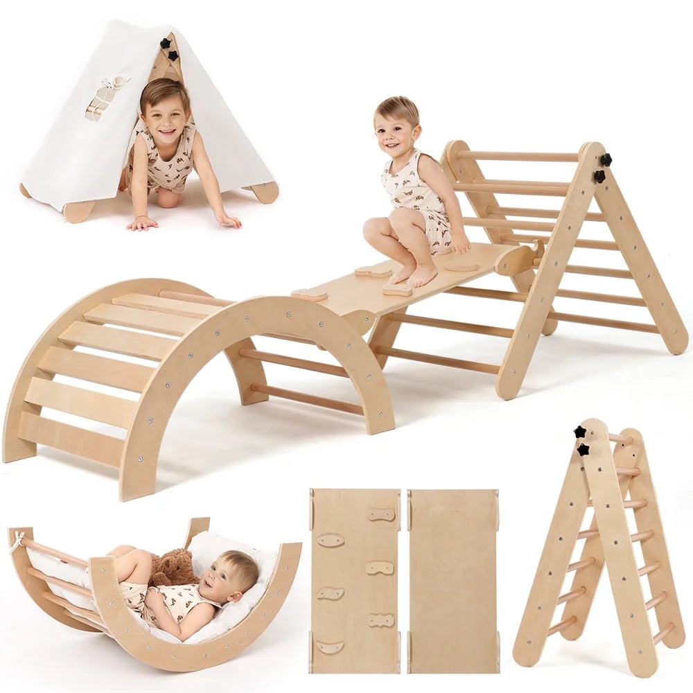 8-in-1 Montessori Pikler Triangle Climbing Set – Indoor Wooden Jungle Gym with Ramp, Arch, Tent & Cushion for Toddlers Ages 6 Months to 6 Years