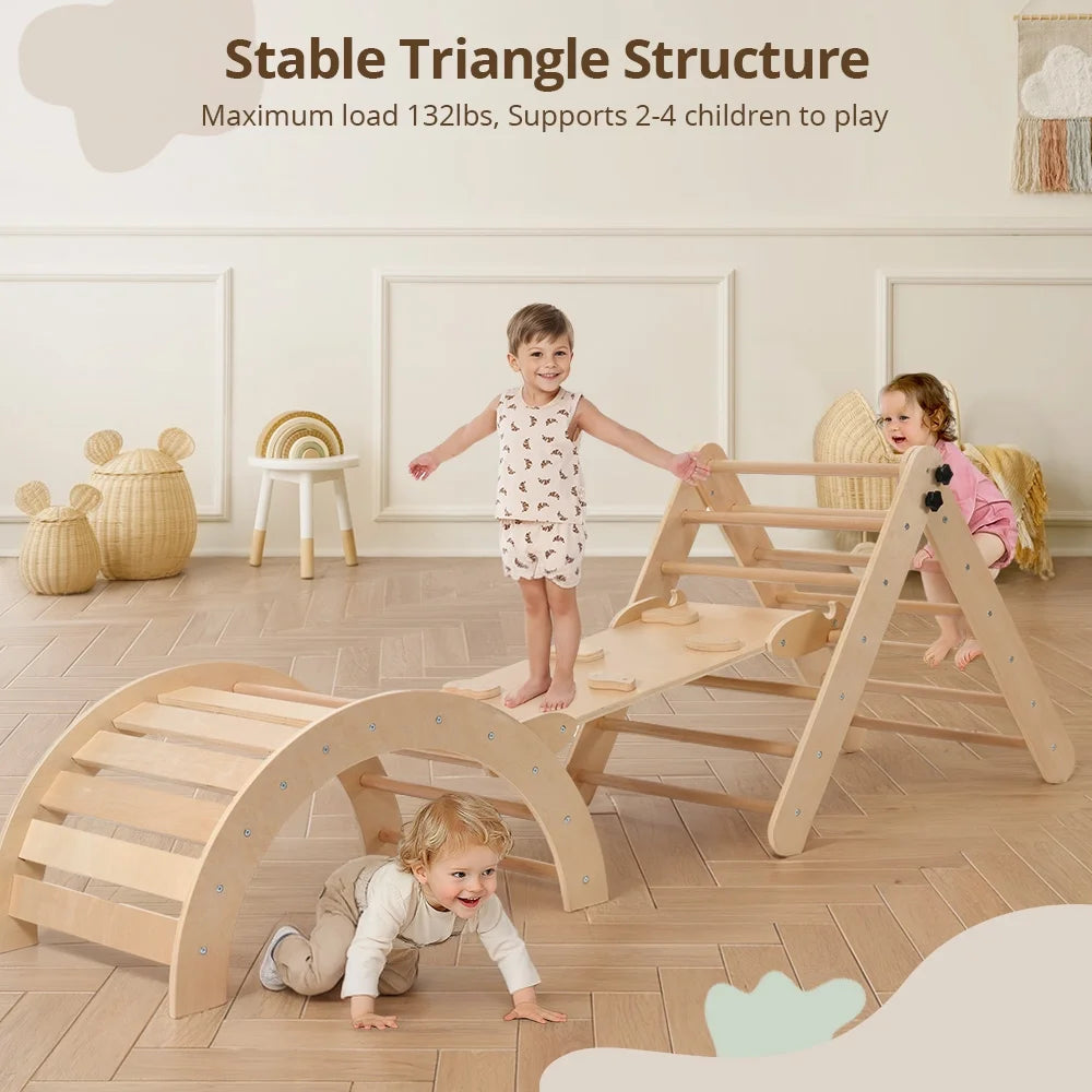 8-in-1 Montessori Pikler Triangle Climbing Set – Indoor Wooden Jungle Gym with Ramp, Arch, Tent & Cushion for Toddlers Ages 6 Months to 6 Years