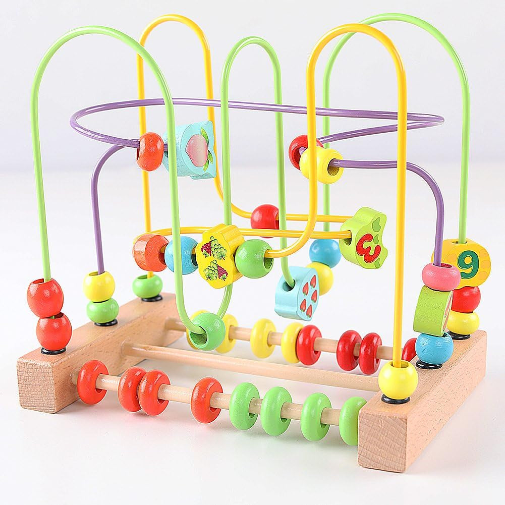 Wooden Toys for Toddlers, Bead Maze Toy for Toddlers with Colorful Animals Fruits Shapes, Educational Counting Learning Circle Toys for Kids, Classic Gifts for Boys Girls Baby