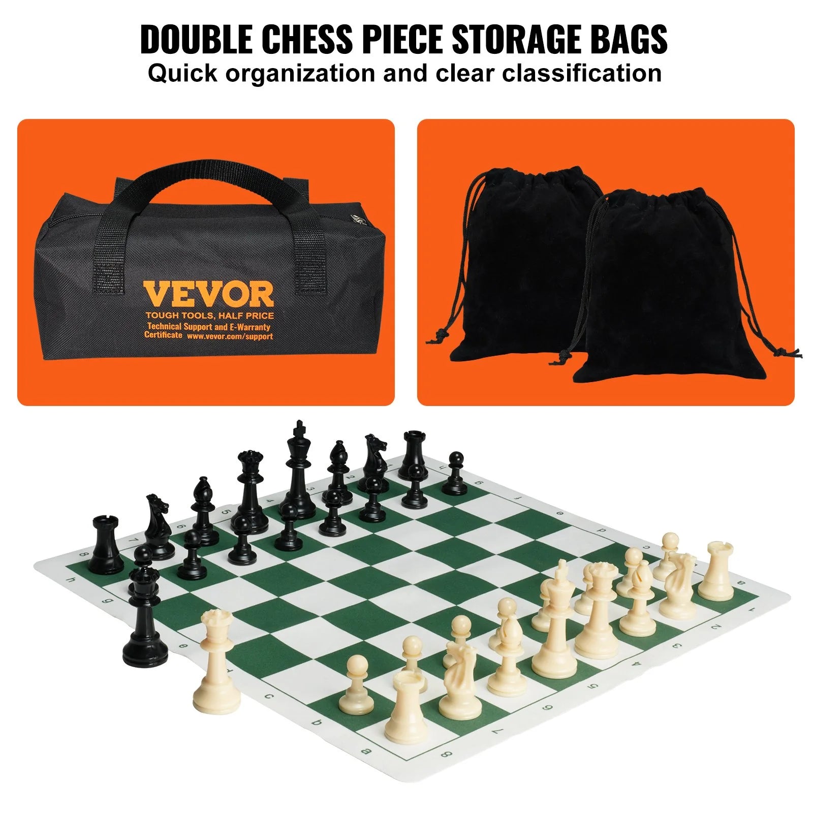 VEVOR 20-Inch Tournament Chess Set – Roll-Up Silicone Board with Weighted Pieces & Travel Bag, Portable Chess Game for Kids and Adults