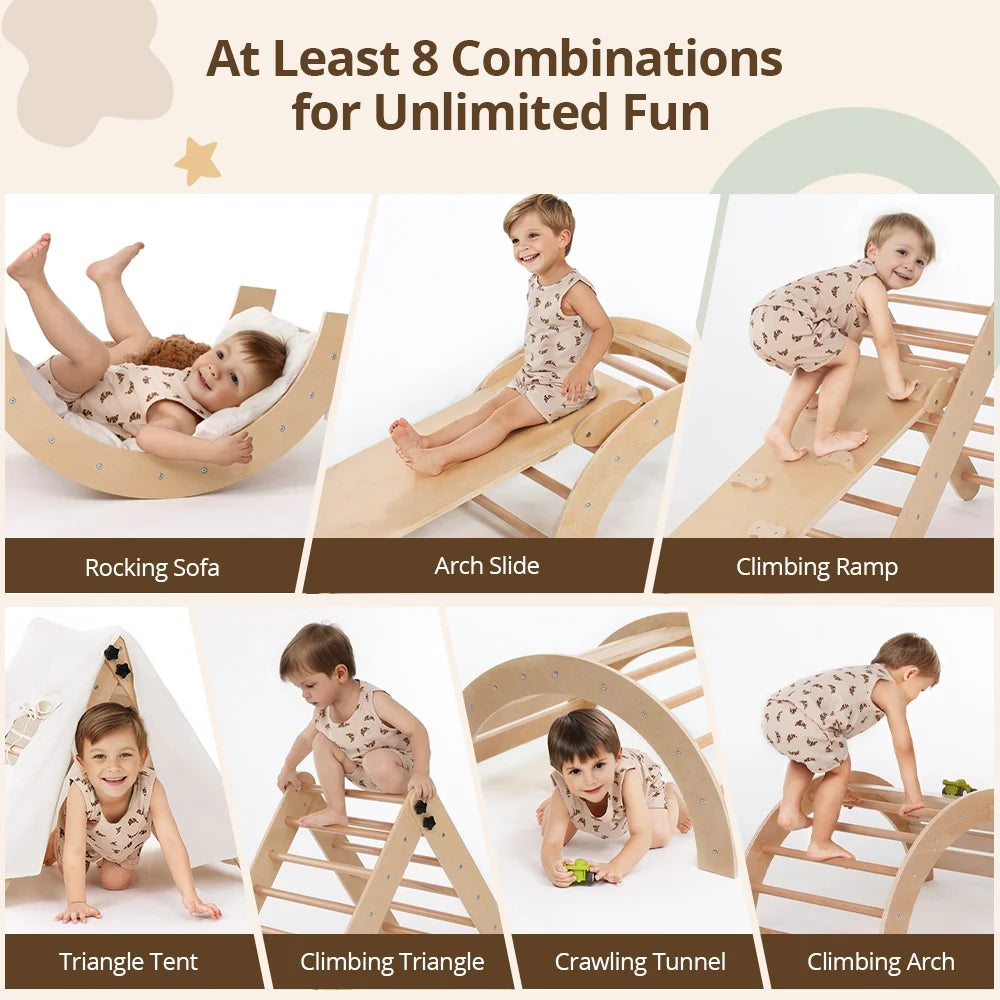 8-in-1 Montessori Pikler Triangle Climbing Set – Indoor Wooden Jungle Gym with Ramp, Arch, Tent & Cushion for Toddlers Ages 6 Months to 6 Years
