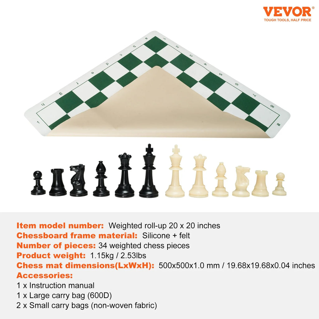 VEVOR 20-Inch Tournament Chess Set – Roll-Up Silicone Board with Weighted Pieces & Travel Bag, Portable Chess Game for Kids and Adults