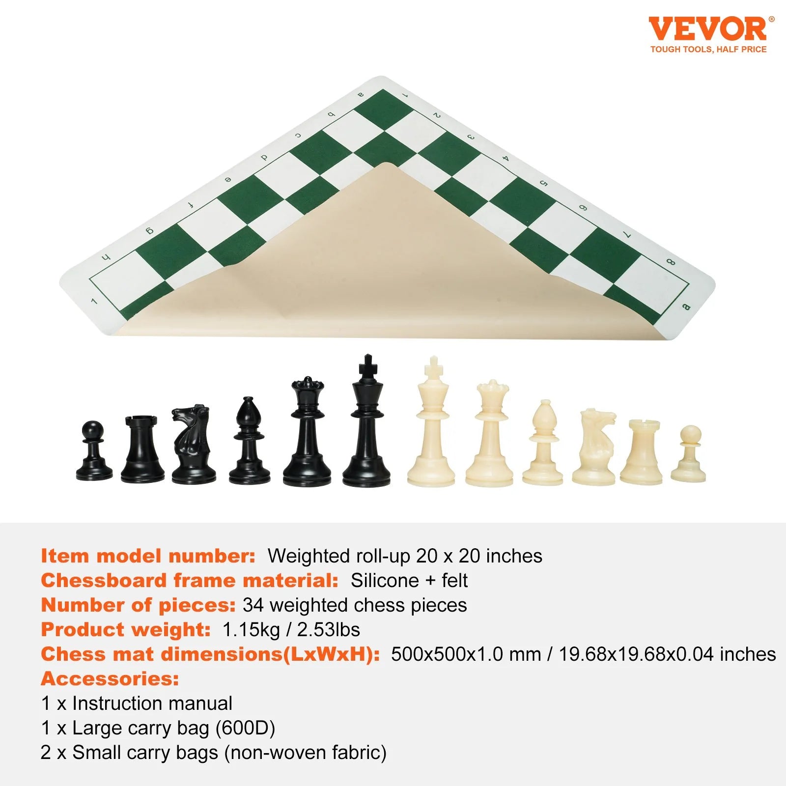 VEVOR 20-Inch Tournament Chess Set – Roll-Up Silicone Board with Weighted Pieces & Travel Bag, Portable Chess Game for Kids and Adults