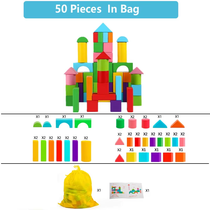 Wooden Building Blocks Set with Storage Bag – Early Educational Assembly Toy for Kids