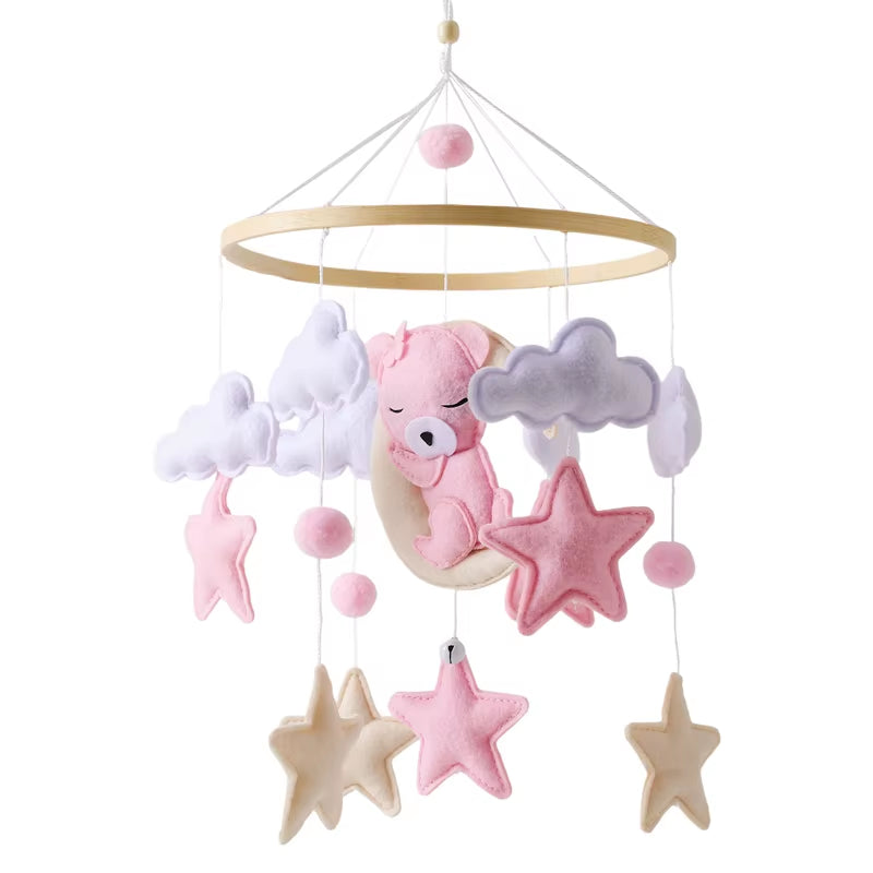 Wooden Crib Mobile with Music Box – Soft Felt Bear Baby Bed Bell Toy for Newborns
