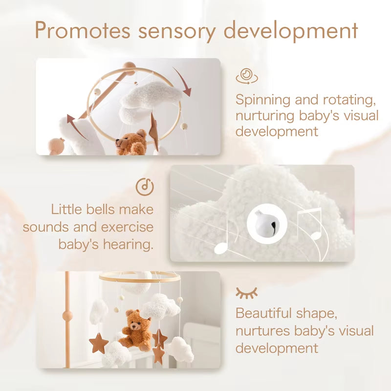 Wooden Crib Mobile with Music Box – Soft Felt Bear Baby Bed Bell Toy for Newborns