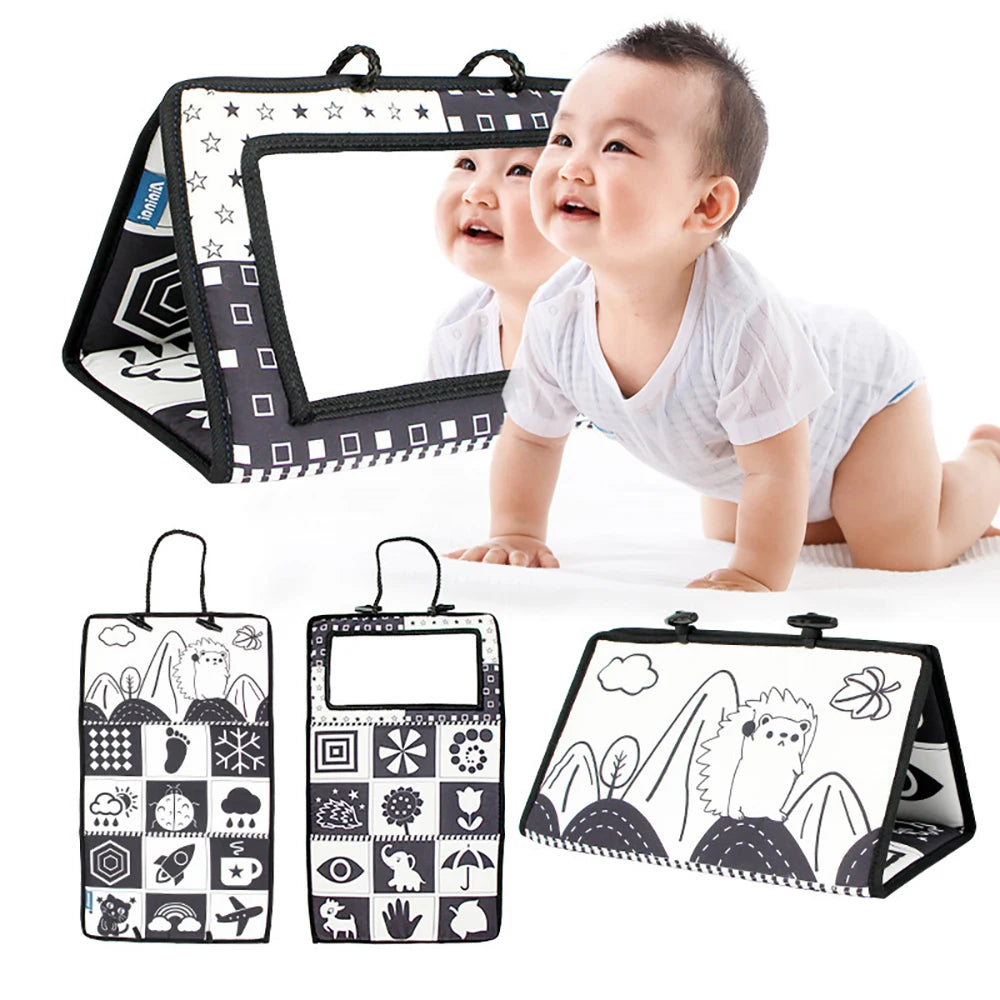 Black & White Tummy Time Mirror Toy – Montessori High Contrast Sensory Toy for Newborn Development