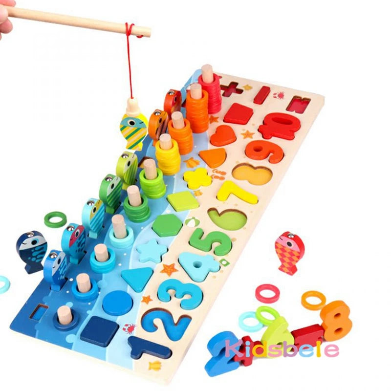 Montessori Math & Fishing Puzzle Toy – Educational Wooden Number, Shape & Counting Game for Toddlers