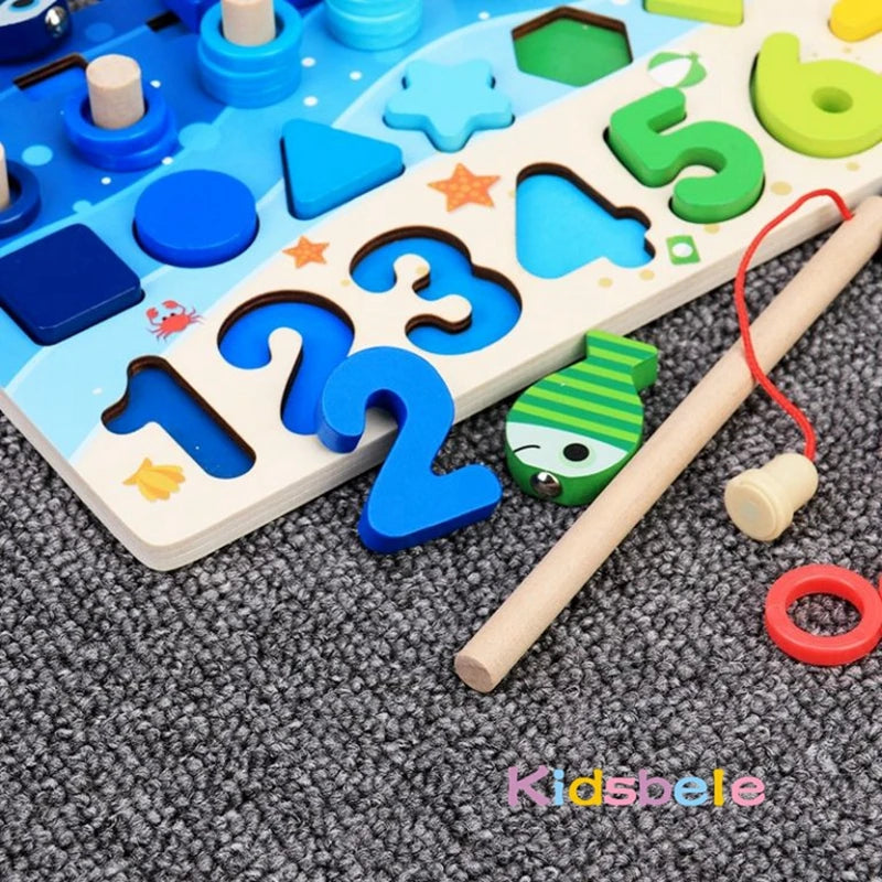 Montessori Math & Fishing Puzzle Toy – Educational Wooden Number, Shape & Counting Game for Toddlers