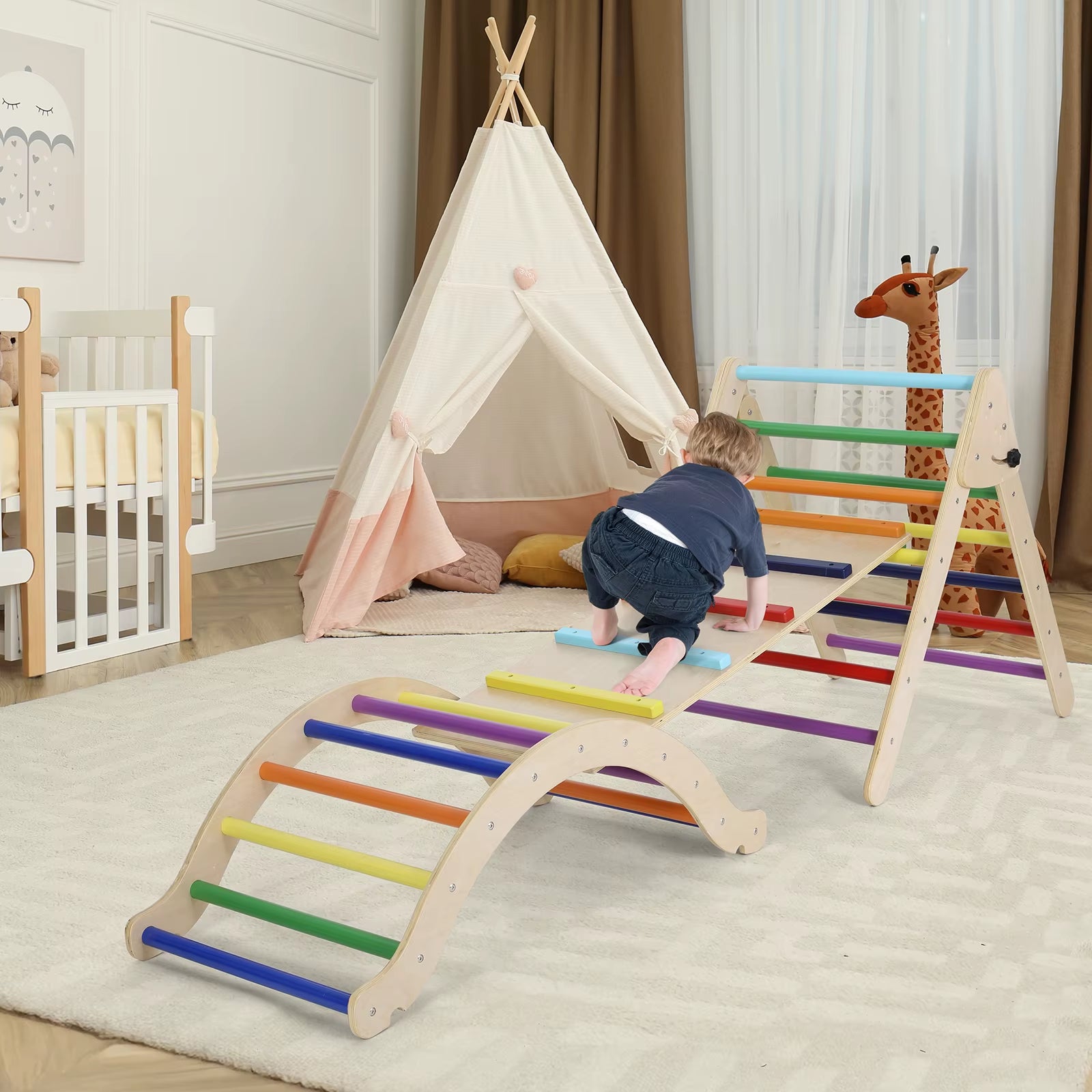 Foldable Wooden Climbing Triangle Ladder Set – 3-in-1 Indoor/Outdoor Montessori Play Gym with Slide & Ramp for Kids