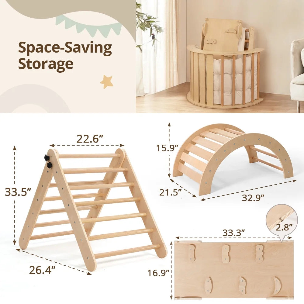 8-in-1 Montessori Pikler Triangle Climbing Set – Indoor Wooden Jungle Gym with Ramp, Arch, Tent & Cushion for Toddlers Ages 6 Months to 6 Years