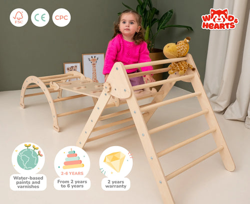 3-in-1 Wooden Climbing Triangle Gym – Montessori Activity Set with Ramp for Toddlers and Babies