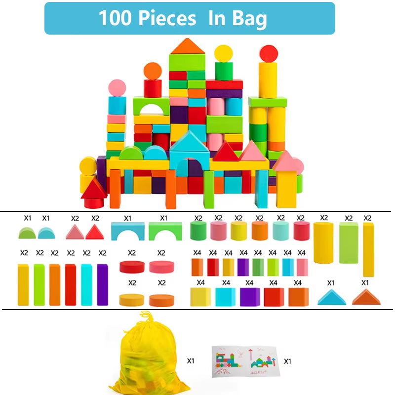 Wooden Building Blocks Set with Storage Bag – Early Educational Assembly Toy for Kids