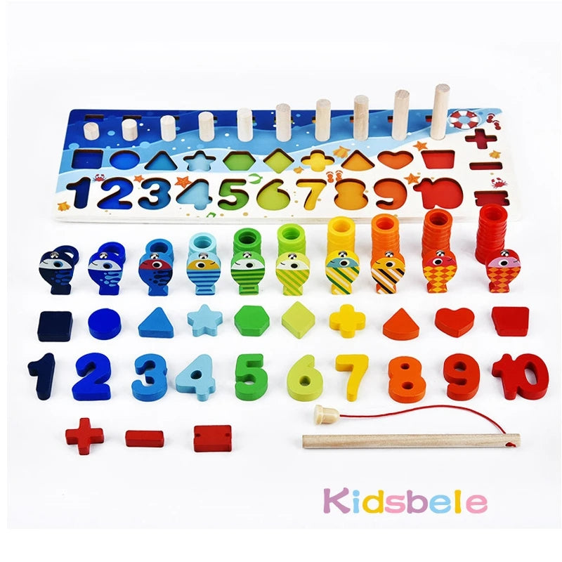 Montessori Math & Fishing Puzzle Toy – Educational Wooden Number, Shape & Counting Game for Toddlers