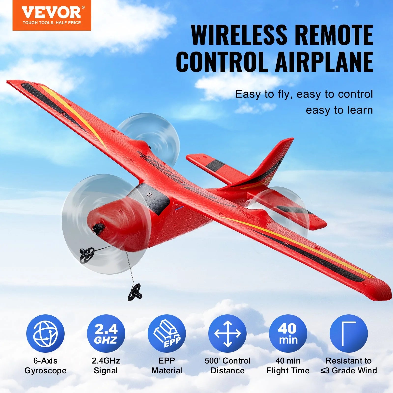 VEVOR RC Airplane Toy – EPP Foam Remote Control Plane with 2.4GHz Controller & 2 Rechargeable Batteries, Durable RC Aircraft for Kids & Beginners