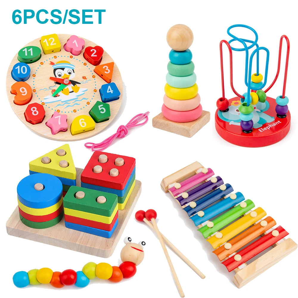 Montessori Wooden Baby Toys Set (5–6 Pcs) – Educational Development Puzzles for Boys & Girls