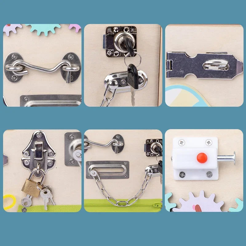 Wooden Montessori Busy Board – Lock & Latch Activity Toy for Toddlers 1–5 Years