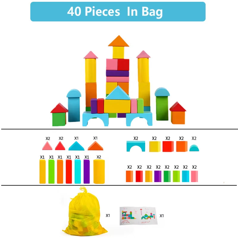 Wooden Building Blocks Set with Storage Bag – Early Educational Assembly Toy for Kids
