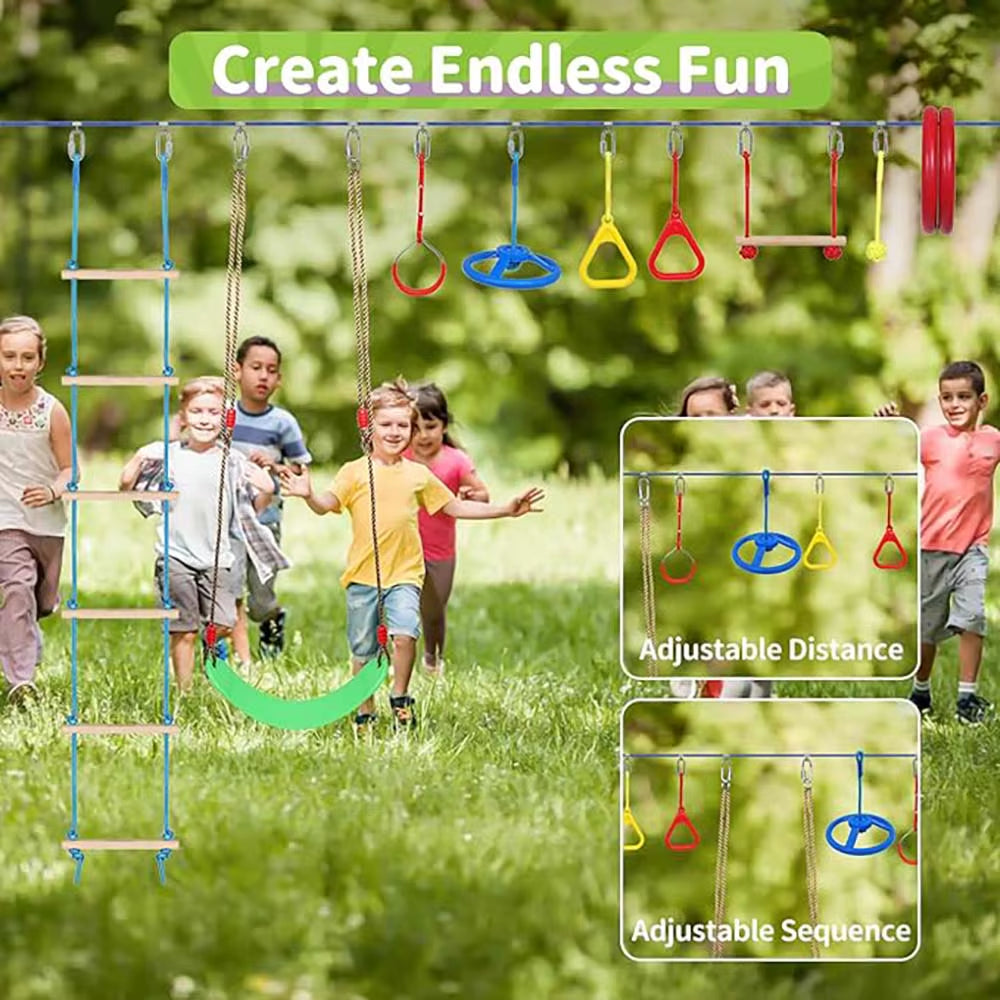 55FT Warrior Obstacle Course for Kids – Outdoor Slackline Training Set with 13 Adjustable Obstacles