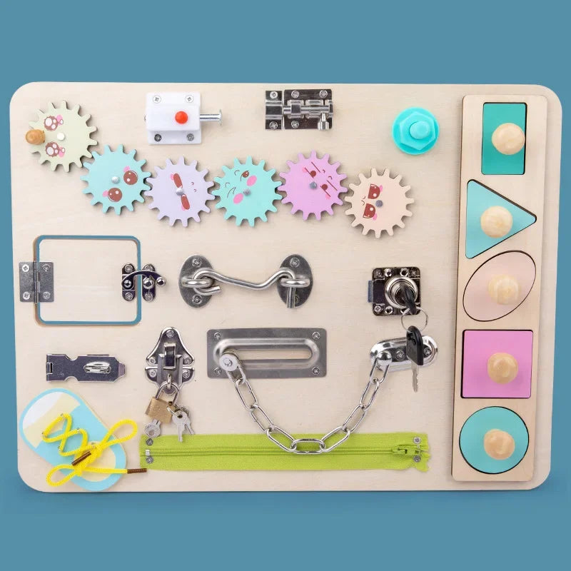 Wooden Montessori Busy Board – Lock & Latch Activity Toy for Toddlers 1–5 Years
