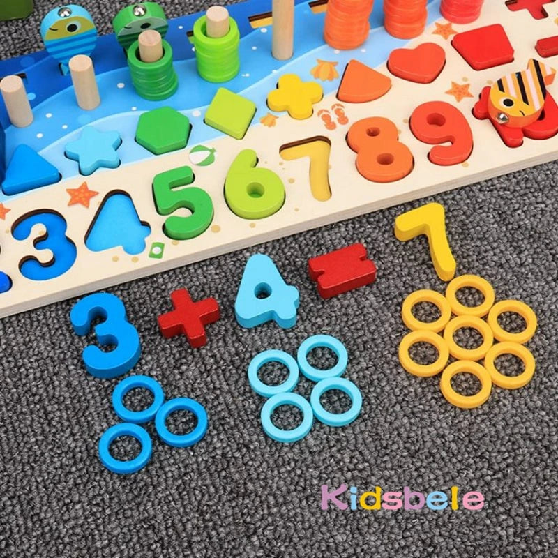 Montessori Math & Fishing Puzzle Toy – Educational Wooden Number, Shape & Counting Game for Toddlers