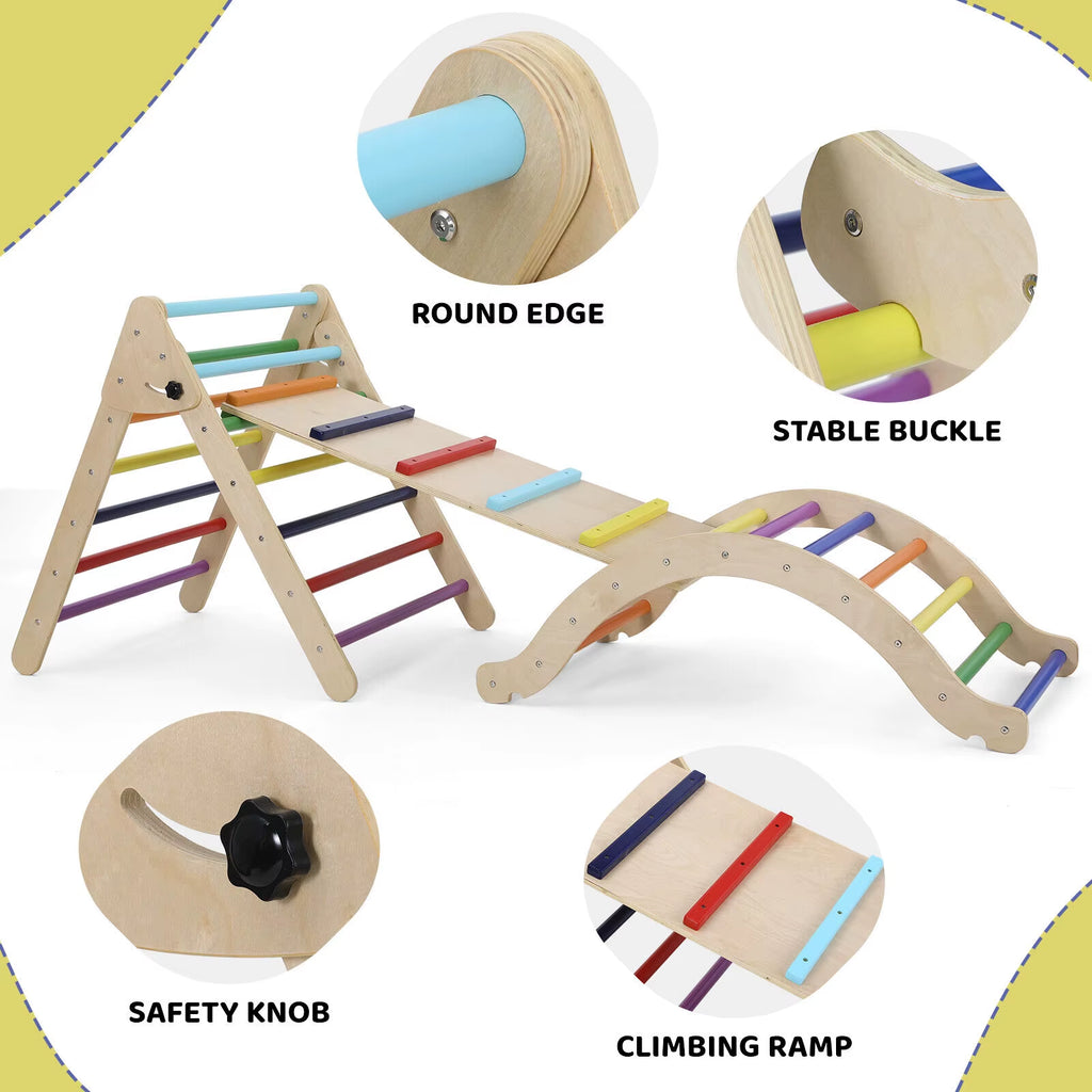 Foldable Wooden Climbing Triangle Ladder Set – 3-in-1 Indoor/Outdoor Montessori Play Gym with Slide & Ramp for Kids