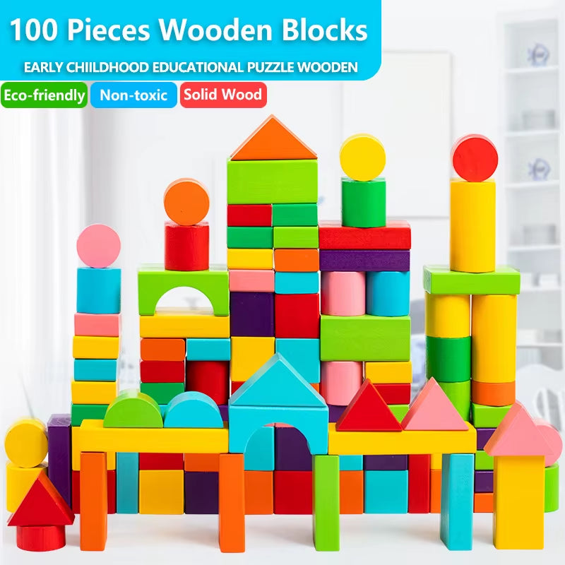 Wooden Building Blocks Set with Storage Bag – Early Educational Assembly Toy for Kids