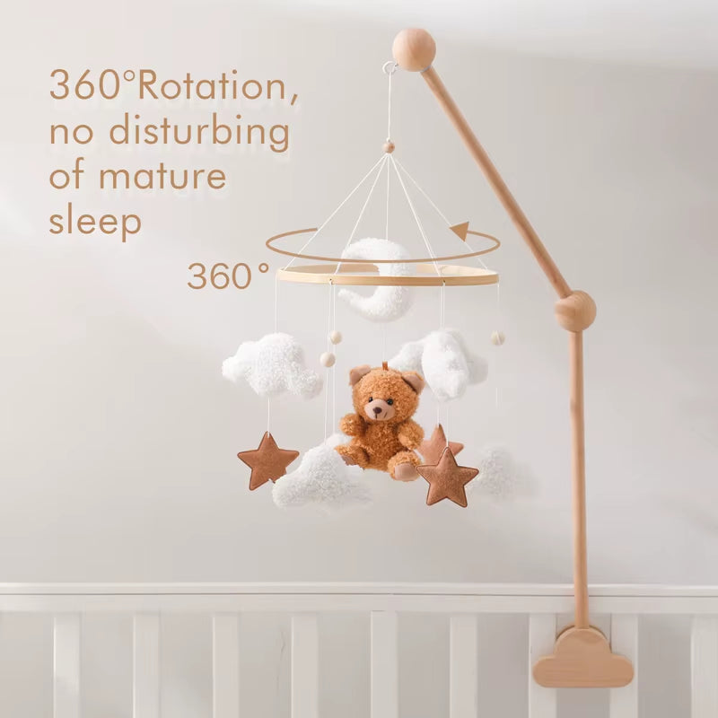 Wooden Crib Mobile with Music Box – Soft Felt Bear Baby Bed Bell Toy for Newborns